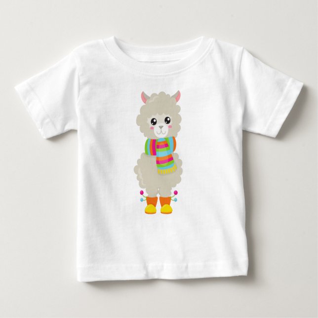 Cute Llama, Little Llama, Alpaca, Llama With Scarf Baby T-Shirt (Front)