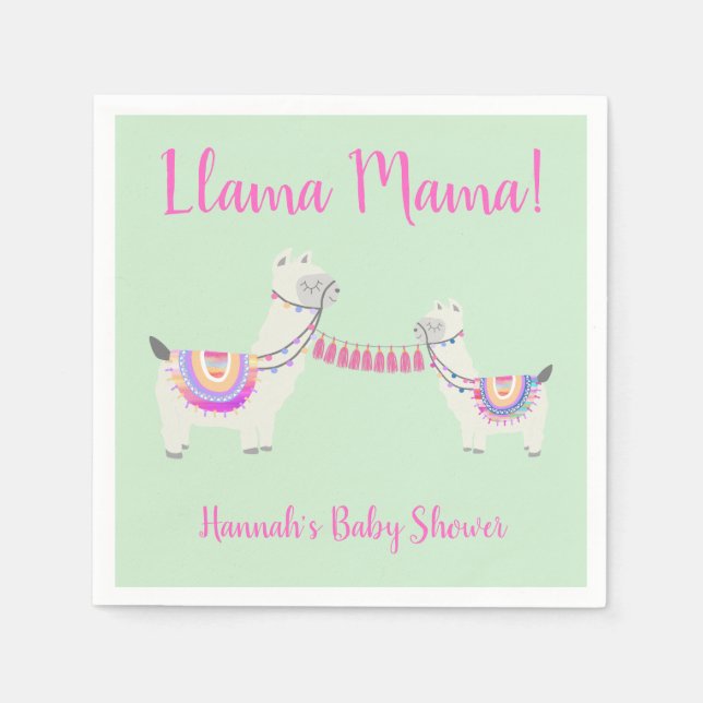 Cute Llama Mama Hot Pink and Green Baby Shower Napkin (Front)