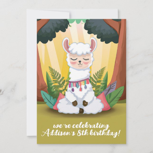Cute Llama Meditating in Magical Forest Birthday Invitation (Front)
