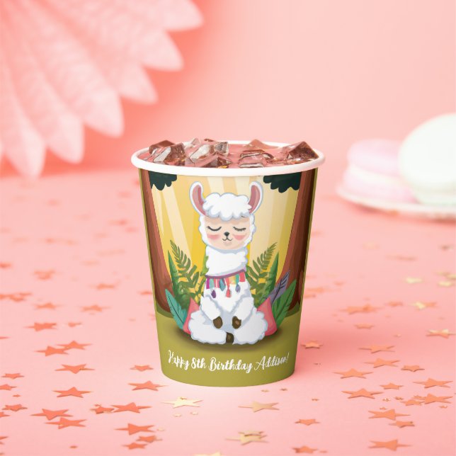 Cute Llama Meditating in Magical Forest Birthday Paper Cups (Insitu)