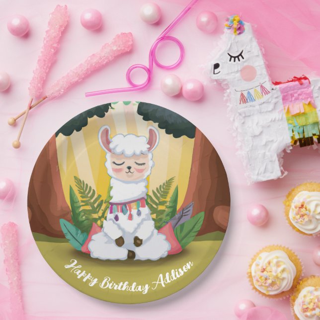 Cute Llama Meditating in Magical Forest Birthday Paper Plate (Party)