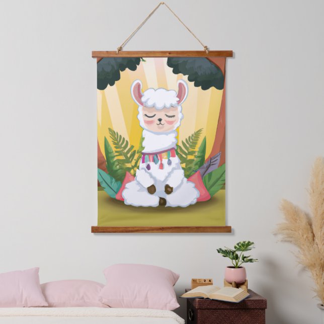 Cute Llama Meditating in Magical Forest Hanging Tapestry (Bedroom)