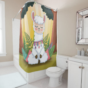 Cute Llama Meditating in Magical Forest Shower Curtain