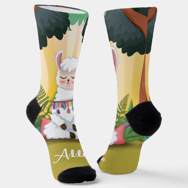 Cute Llama Meditating in Magical Forest Socks (Angled)
