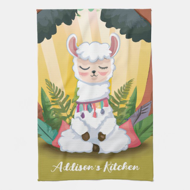 Cute Llama Meditating in Magical Forest Tea Towel (Vertical)