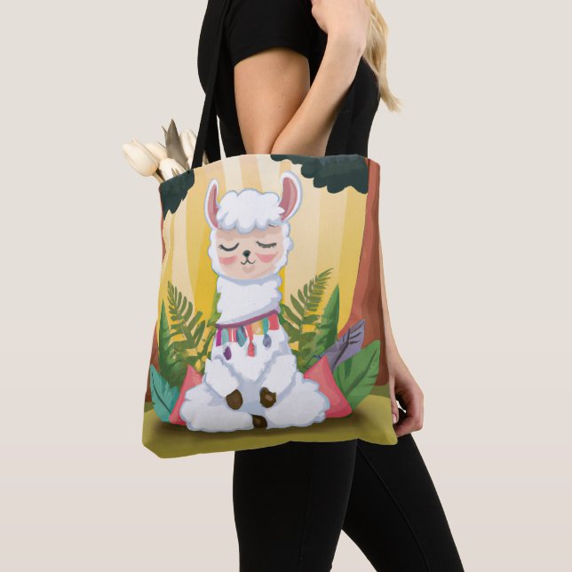 Cute Llama Meditating in Magical Forest Tote Bag (Close Up)