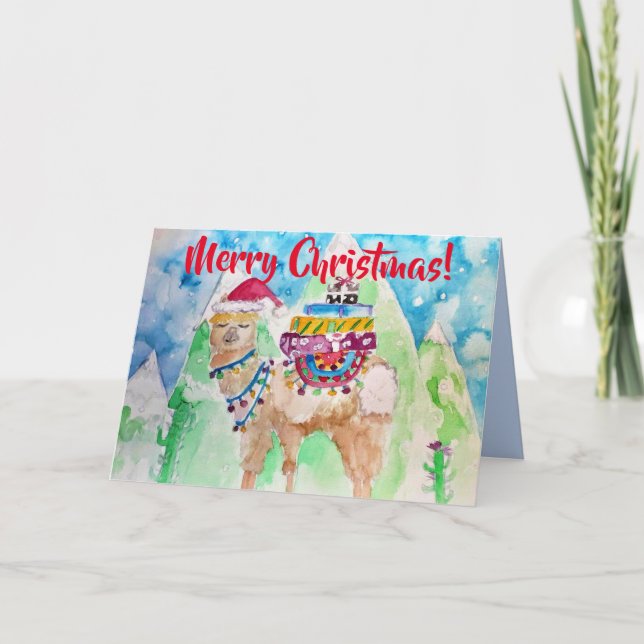 Cute Llama Merry Christmas Watercolour art Card (Front)