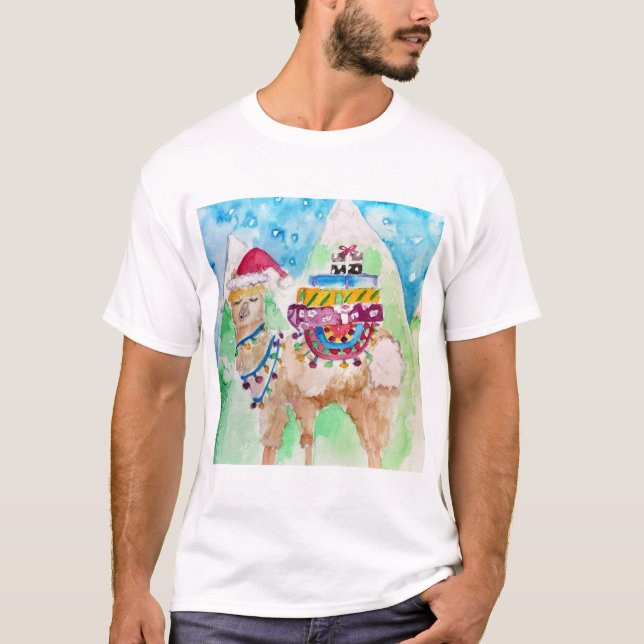 Cute Llama Merry Christmas Watercolour art T-Shirt (Front)
