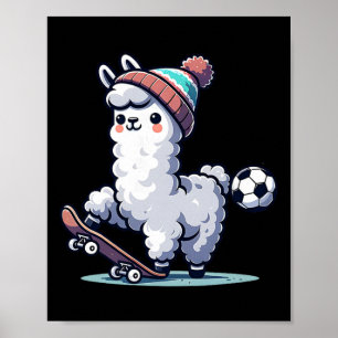 Cute Llama On Skateboard With Soccer Byll Beanie Poster