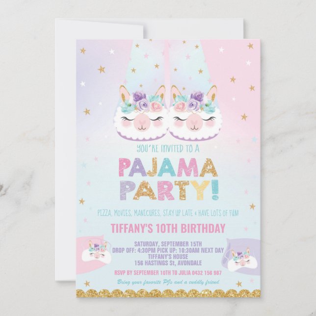 Cute Llama Pajama Birthday Party Sleepover Invitation (Front)