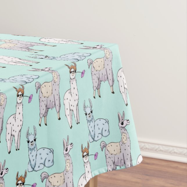 Cute Llama Pattern Illustration on Green Tablecloth (In Situ)