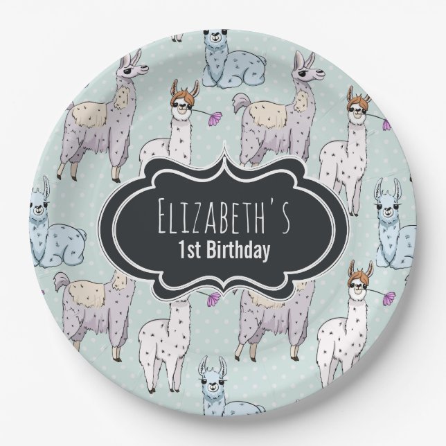 Cute Llama Pattern on Polka Dots Birthday Paper Plate (Front)
