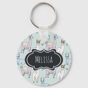 Cute Llama Pattern on Polka Dots Key Ring