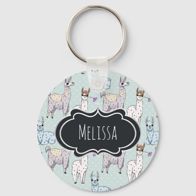 Cute Llama Pattern on Polka Dots Key Ring (Front)