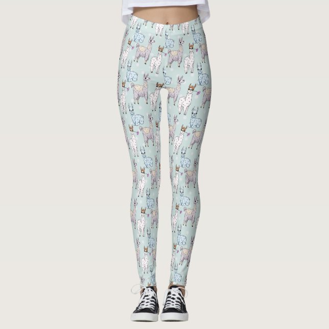 Cute Llama Pattern on Polka Dots Leggings (Front)