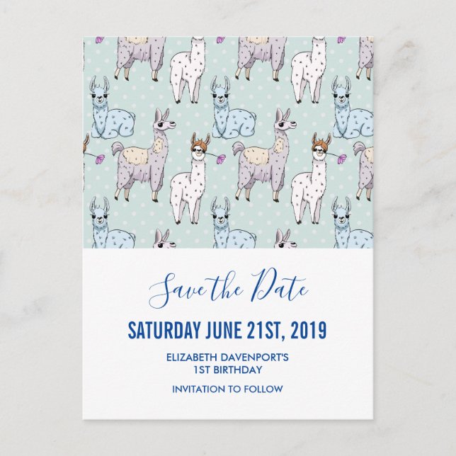 Cute Llama Pattern on Polka Dots Save the Date Postcard (Front)
