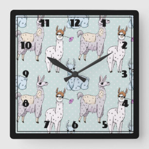 Cute Llama Pattern on Polka Dots Square Wall Clock