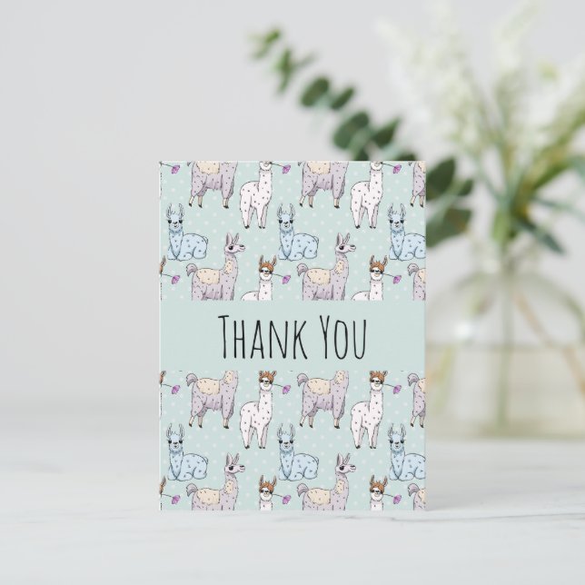 Cute Llama Pattern on Polka Dots Thank You Postcard (Standing Front)