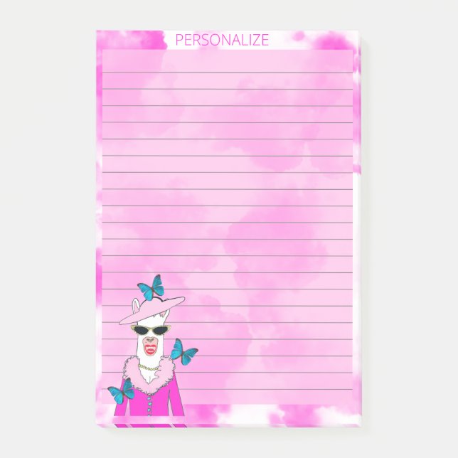 Cute Llama Pink Clouds Lined Pink Post It Notes (Front)