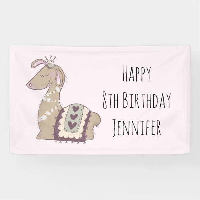 Cute Llama Princess Wearing a Crown Birthday Banner (Horizontal)