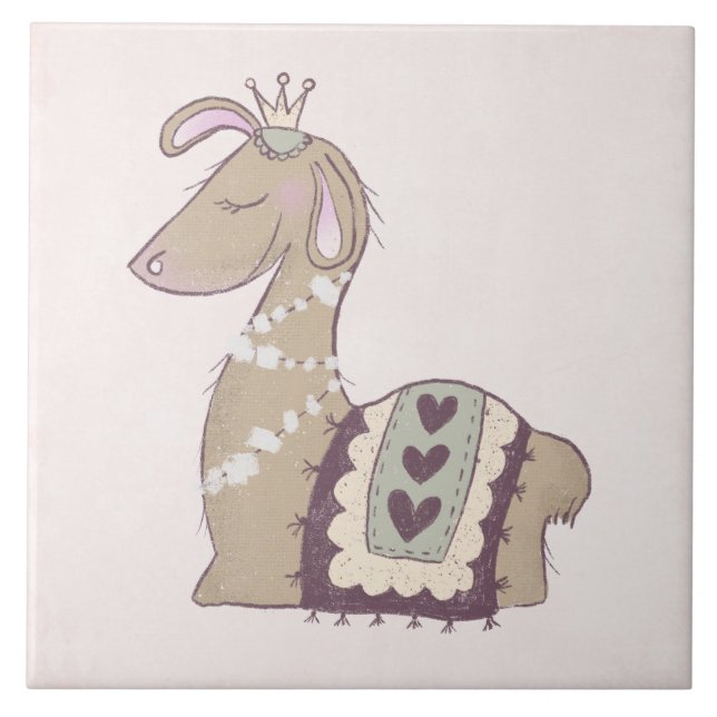 Cute Llama Princess Wearing a Crown Ceramic Tile (Front)