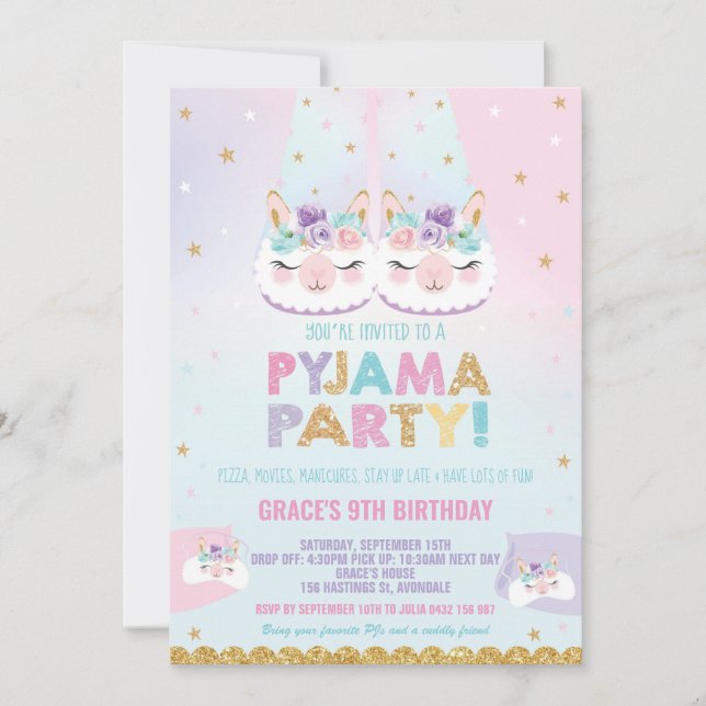 Cute Llama Pyjama Birthday Party Sleepover Slumber Invitation (Front)
