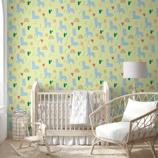 Cute Llama Rainbows Yellow & Blue Baby Boy Nursery Wallpaper