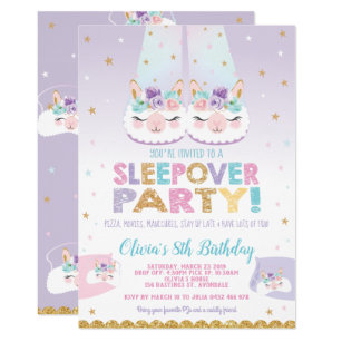 Cute Llama Sleepover Birthday Party Girls Slumber Invitation