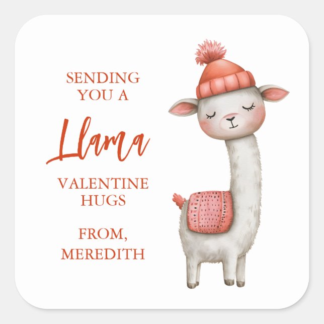 Cute Llama Valentine's Day Label, Valentine Square Sticker (Front)