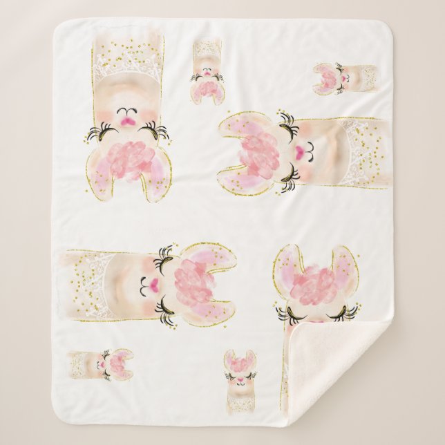 Cute Llama Watercolor  Sherpa Blanket (Front)