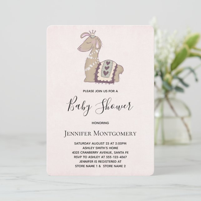 Cute Llama Wearing a Crown Baby Shower Invitation (Standing Front)