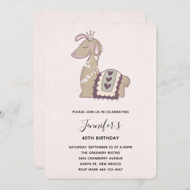 Cute Llama Wearing a Crown Birthday Invitation (Front/Back)