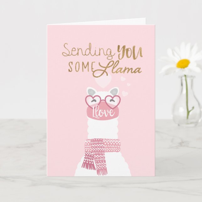 Cute Llama Wearing Face mask Valentine's Day Card (Small Plant)