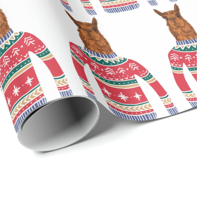 Cute Llama wearing Funny Ugly Christmas Sweater Wrapping Paper (Roll Corner)