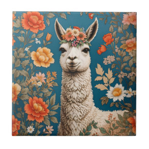 Cute Llama William Morris Inspired Floral Ceramic Tile