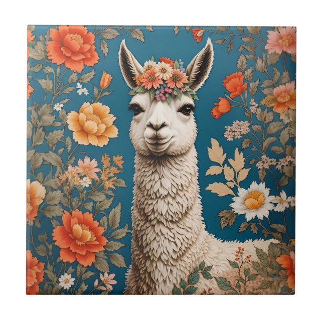Cute Llama William Morris Inspired Floral Ceramic Tile (Front)