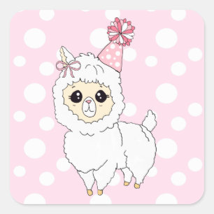 Cute Llama with Birthday Hat Square Sticker