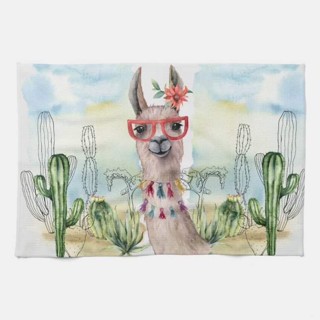 Cute Llama With Flower Tea Towel (Horizontal)