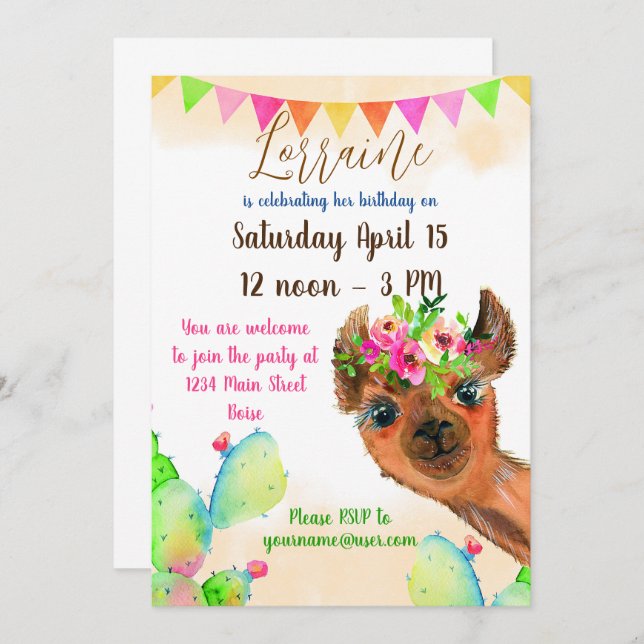Cute Llama with flowers and cactus custom kid's Invitation (Front/Back)