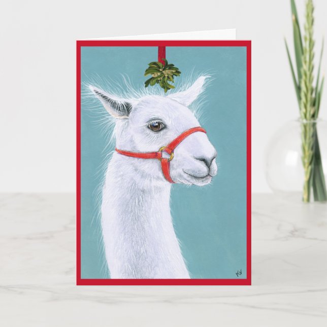 Cute Llama with Mistletoe Christmas Holiday card (Front)