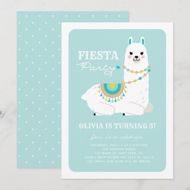 Cute Llama with Pom Poms Blue Fiesta Kids Birthday Invitation (Front/Back)