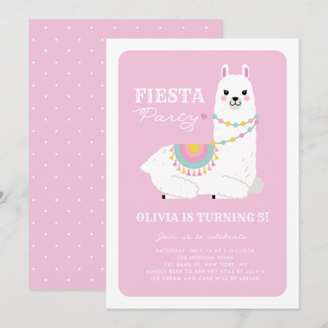 Cute Llama with Pom Poms Pink Fiesta Kids Birthday Invitation (Front/Back)