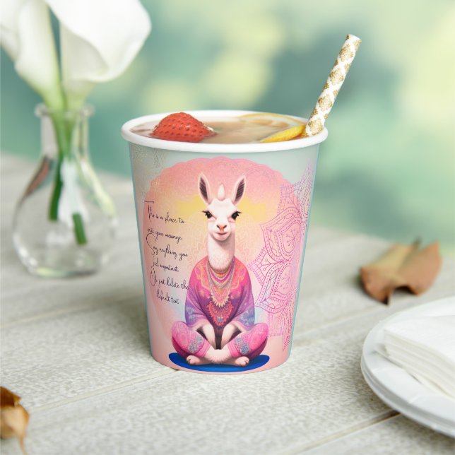Cute llama yoga practitioner fantasy custom text paper cups (Insitu)