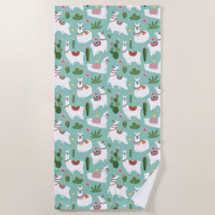 Cute Llamas On Teal Pattern Beach Towel