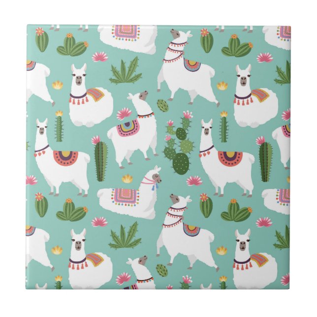 Cute Llamas On Teal Pattern Ceramic Tile (Front)