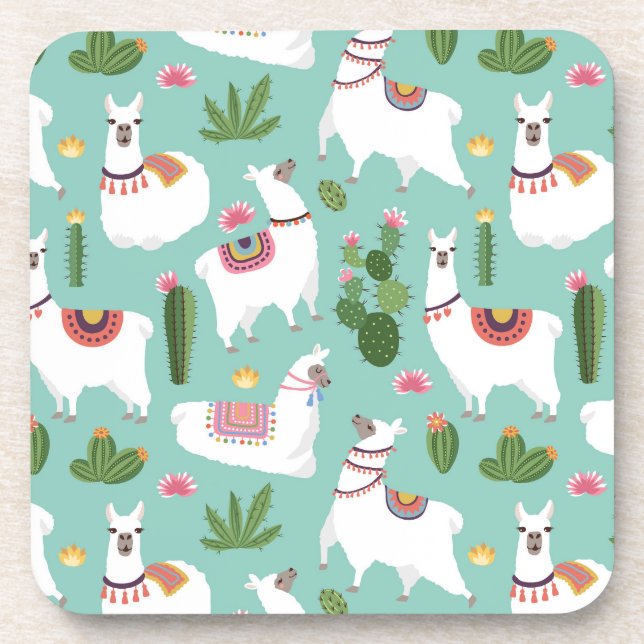 Cute Llamas On Teal Pattern Coaster (Front)