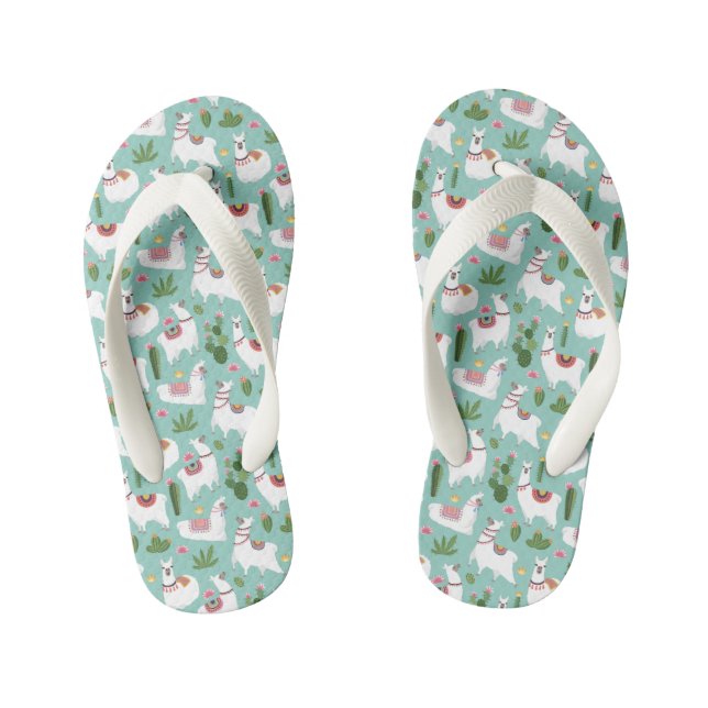 Cute Llamas On Teal Pattern Kid's Thongs (Footbed)