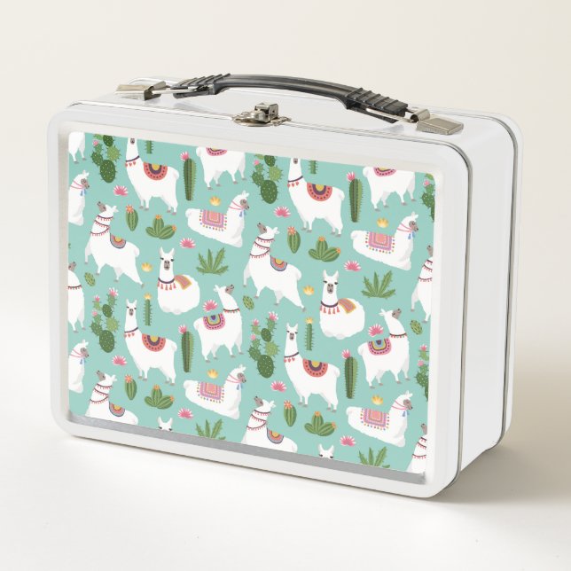 Cute Llamas On Teal Pattern Metal Lunch Box (Front)