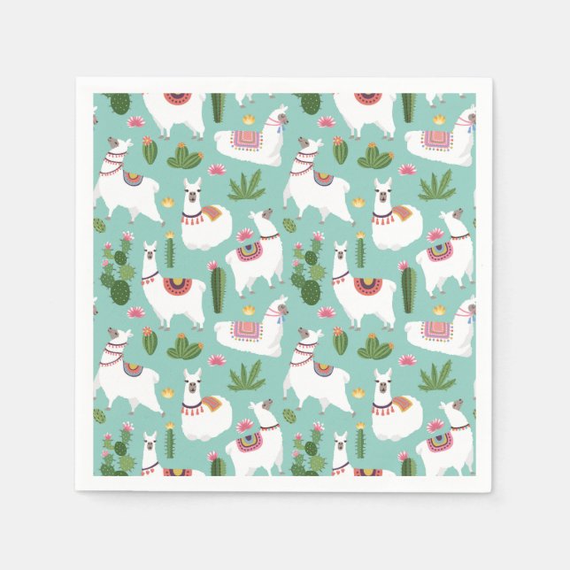 Cute Llamas On Teal Pattern Napkin (Front)