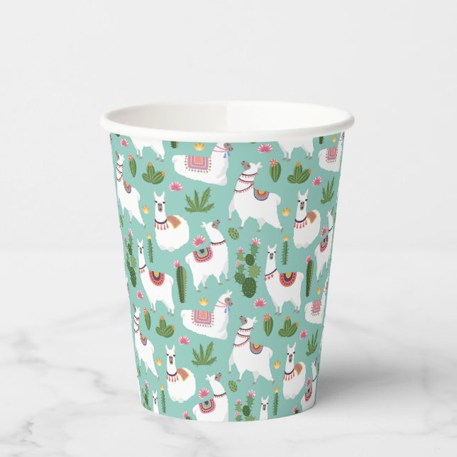 Cute Llamas On Teal Pattern Paper Cups (Left)